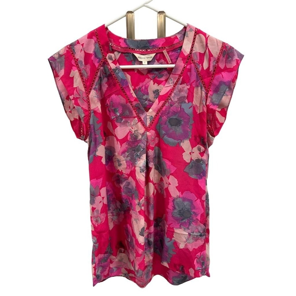 Rebecca Taylor Women's V-Neck Sleeveless‎ Floral Blouse Pink Size 2 SI57
